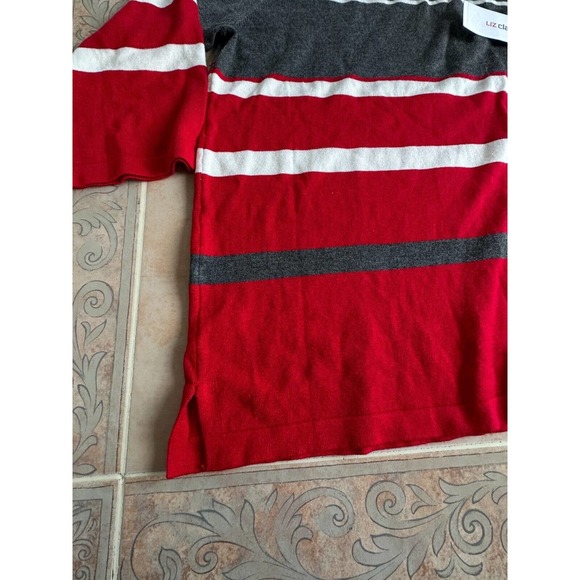 New! - Liz Claiborne Women's 3/4 Sleeve Red Gray Striped Pullover Sweater size M - Picture 6 of 7